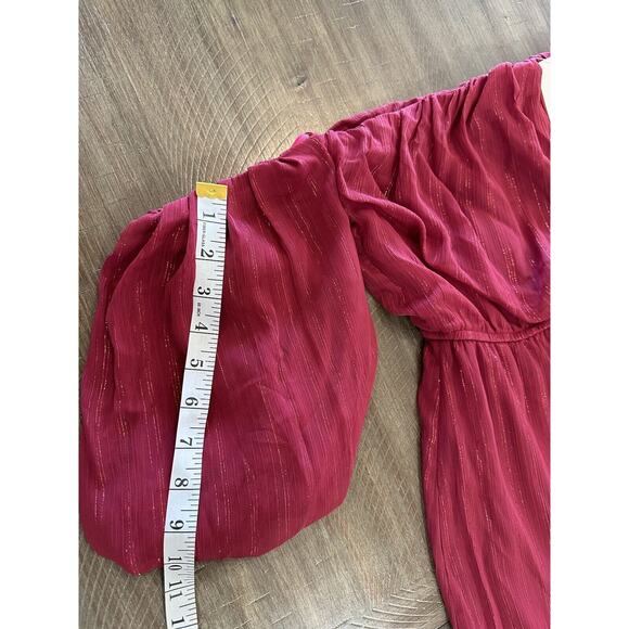 NWT Francesca’s Off The Shoulder Red Wine Shimmer Mini Ruffle Dress Size Medium - Picture 11 of 16